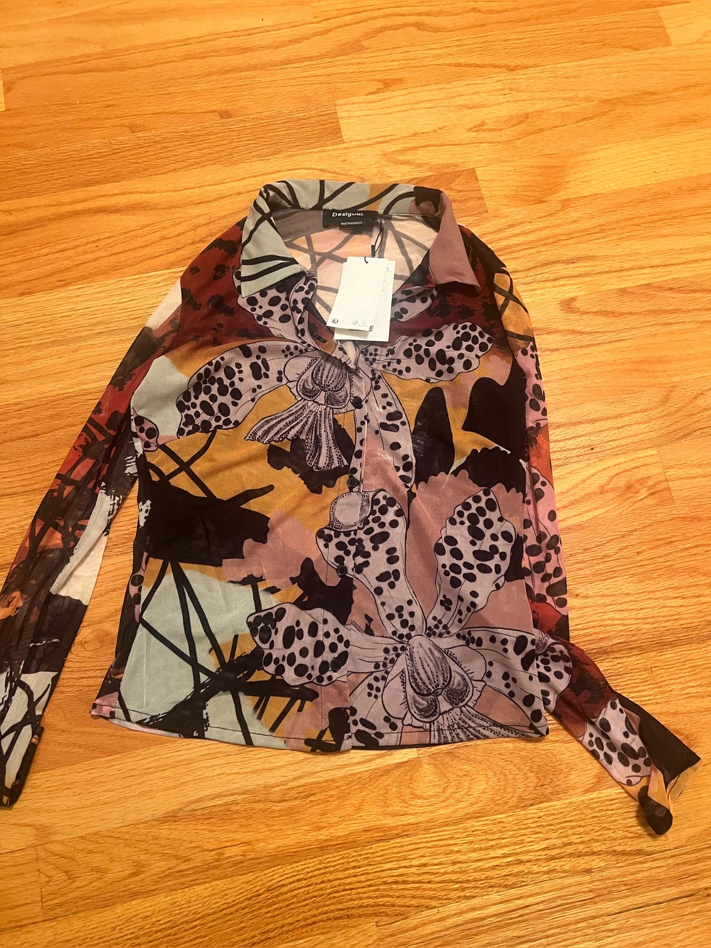 Desigual Multicolor Floral Sheer Top with Pink, Mustard, Black and Mint